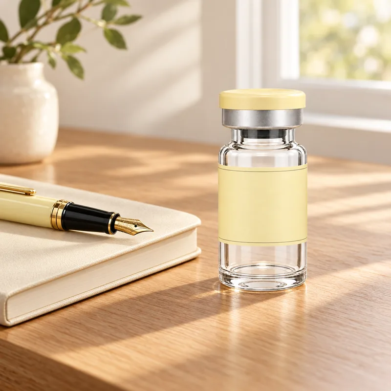 Blank-label vial beside a notebook and fountain pen on a sunlit wooden desk