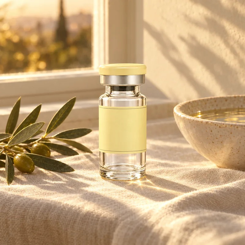 Blank-label vial with an olive branch and ceramic bowl on linen beside a sunlit window