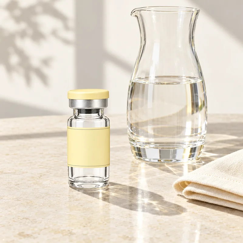 Blank-label vial beside a glass water carafe and folded linen on a pale stone surface