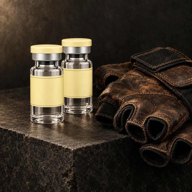 Two blank-label vials beside leather training gloves on a dark stone plinth