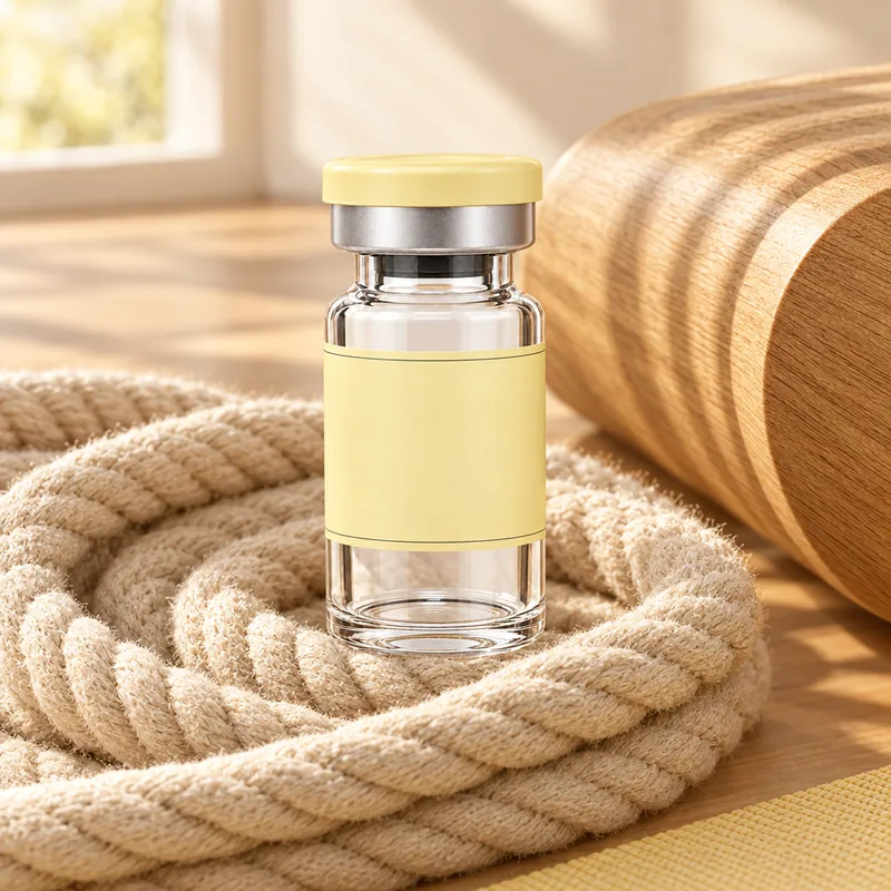 Blank-label vial beside coiled cotton rope and a wooden exercise roller in warm sunlight