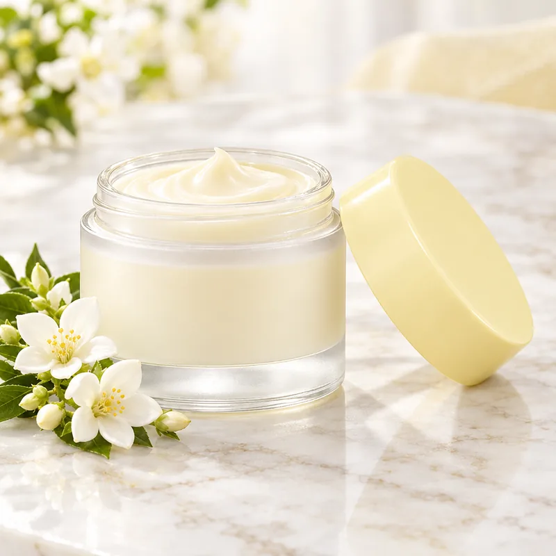 Open cream jar with a pale yellow lid and white flowers on a marble surface