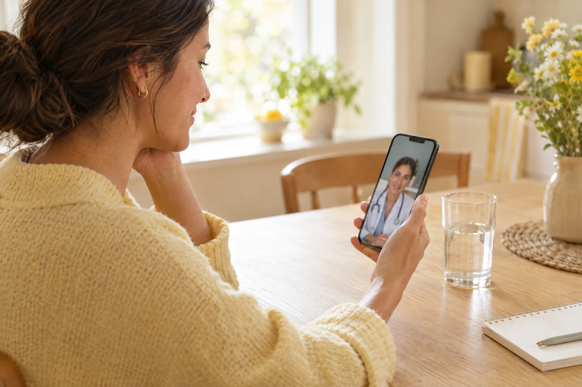 A person attending a video consultation on a tablet at a sunlit kitchen table